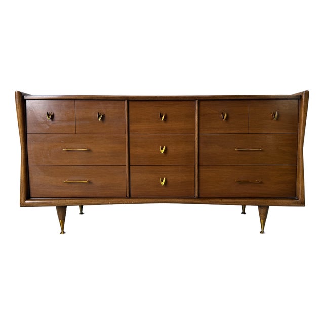 Mid-Century Kent Coffey “The Sharon” Walnut & Pecan 9-Drawer Dresser For Sale