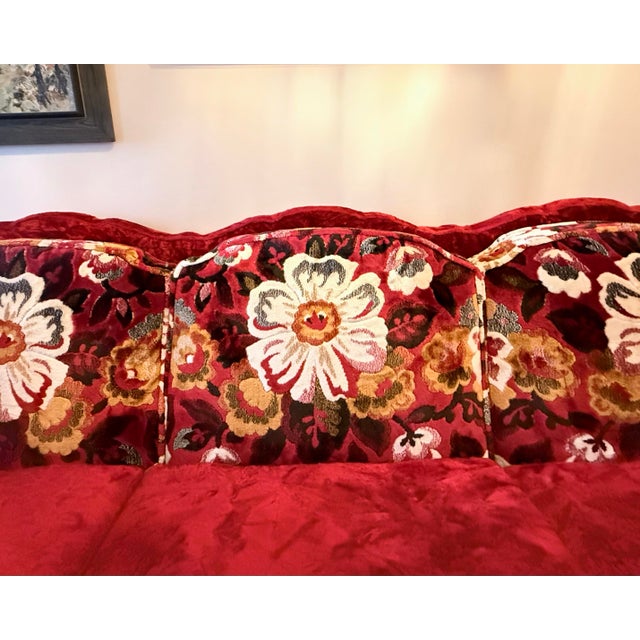 1970s Singer Furniture Ruby Velvet Sofa With Carved Wood Frame For Sale In New York - Image 6 of 7