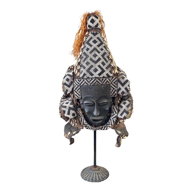 Vintage Large African Tribal Beaded Kuba Royal Head Mask/Helmet Congo 22" H For Sale