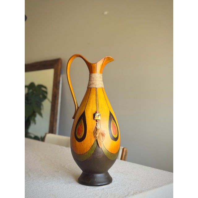 Vintage decorative vessel in a sculptural pitcher form, crafted from bentwood with hand-painted droplet motifs and natural...