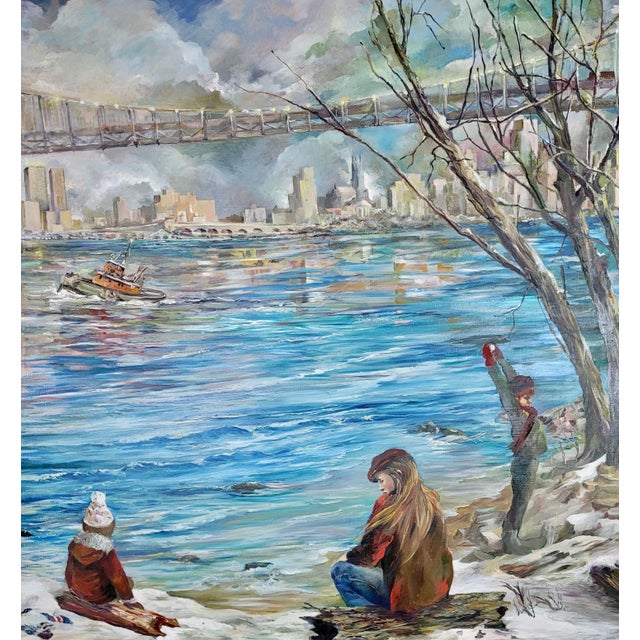 E. Case -Children at Play at Park Over the Brooklyn Bridge-Monumental Oil Painting For Sale - Image 10 of 13
