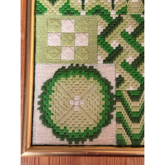 Green Vintage 1976 Needlepoint Sampler in Shades of Green With Original Gold Frame, Artist Signed For Sale - Image 8 of 12