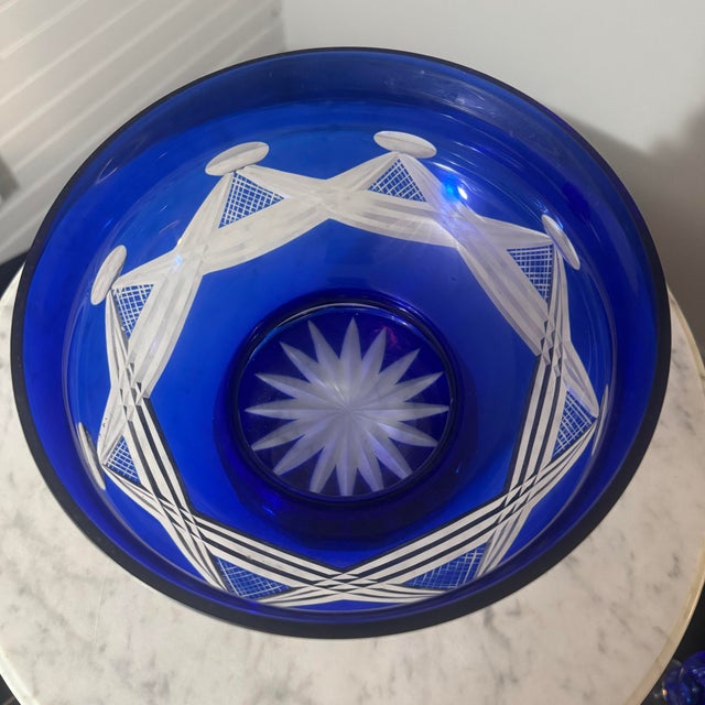 Glass 1980s Cobalt Cut-to-Clear Centerpiece Set For Sale - Image 7 of 11
