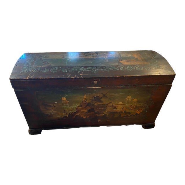 Antique Dome Top Hand Painted Trunk For Sale