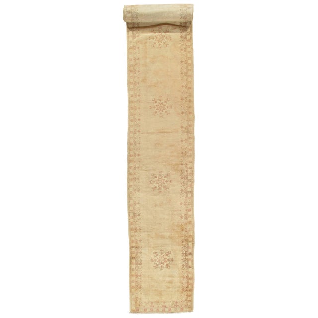 Antique Oushak Runner, Turkish and Oriental Rug, Handmade Beige Rug For Sale - Image 16 of 16