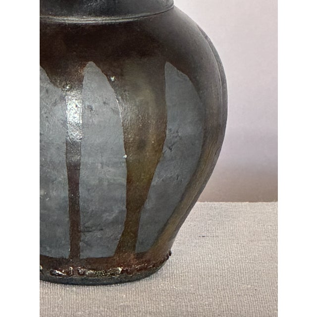 Mid-Century Modern Vintage Grey Hand Thrown Vase With Black Drip Glaze For Sale - Image 3 of 6