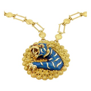 18K Yellow Gold Estate Italian Large Ruby & Enamel Tiger Pendant Necklace For Sale