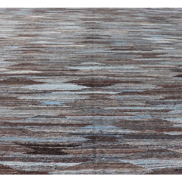 Contemporary Modern Flatweave Kilim in Wool With Sub-Geometric Diamond Design in Blue and Charcoal For Sale - Image 3 of 13