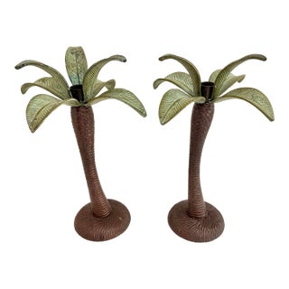Vintage Cast Metal Palm Tree Taper Candle Holders – Pair | Tropical Coastal Hollywood Regency For Sale