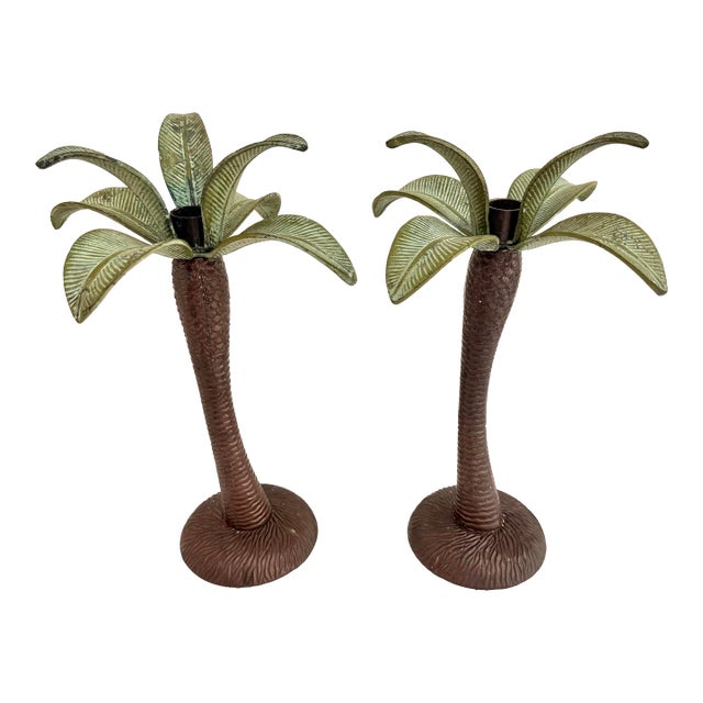 Vintage Cast Metal Palm Tree Taper Candle Holders – Pair | Tropical Coastal Hollywood Regency For Sale