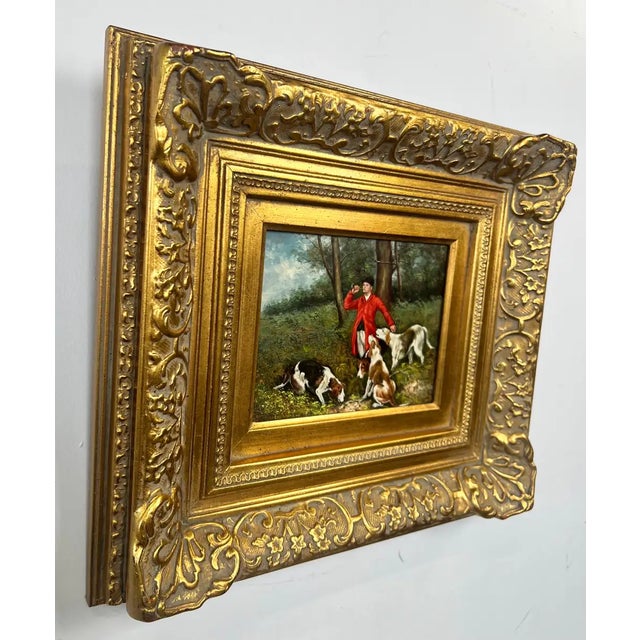 English English Sporting Style Oil Painting, Huntsman & Hounds, Ornate Gilt Frame 1980's For Sale - Image 3 of 14