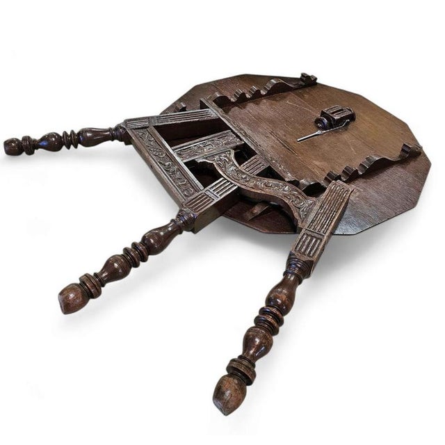 Wood Antique Carved Tripod Folding Table in Oak, Netherlands, 1880s For Sale - Image 7 of 14