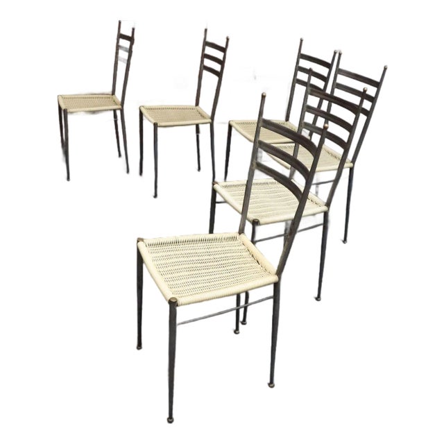 Set of Six Italian Modernist Steel and Brass Dining Chairs After Gio Ponti For Sale