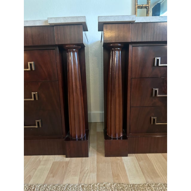 Pair of Baker Furniture Neoclassical Mahogany Chests With Original Stone Tops & Brass-Tone Hardware For Sale - Image 10 of 14