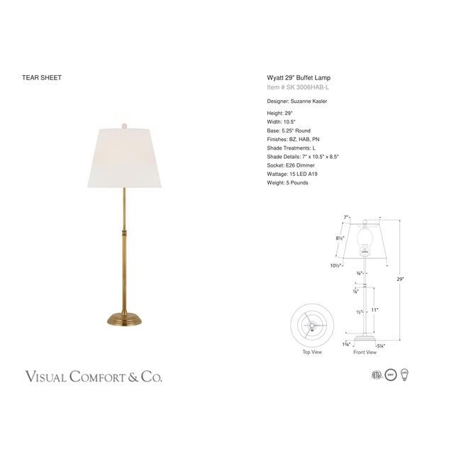 Suzanne Kasler by Visual Comfort Signature Wyatt 29" Buffet Lamp in Hand-Rubbed Antique Brass with Linen Shade Designer:...