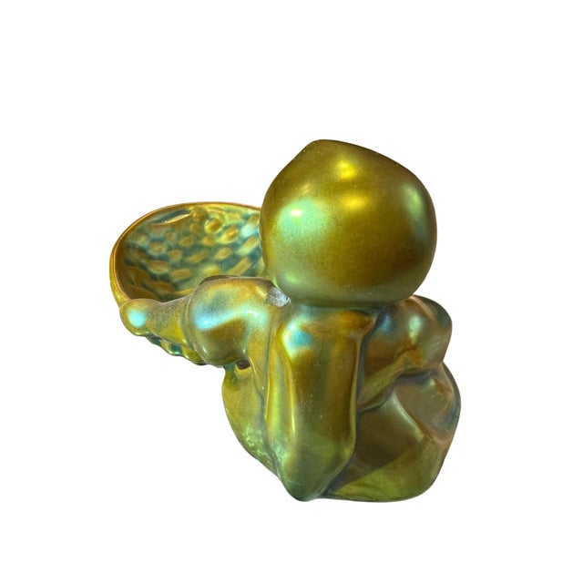 Vintage Zsolnay Hand Crafted Pottery Small Children Sitting & Holding Basket, Eosin Iridescent Green Glaze For Sale - Image 9 of 11