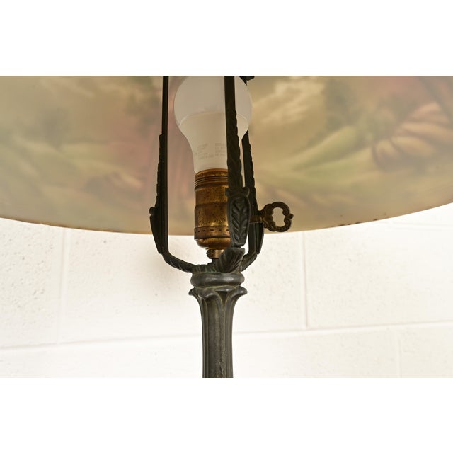 Antique Arts & Crafts Table Lamp With Painted Glass Landscape Scene Shade, Circa 1920s For Sale - Image 10 of 16