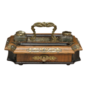 Mid 19th Century Brass, Walnut and Ebonized Double Inkwell Set