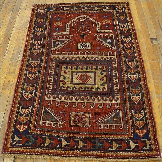 19th Century Caucasian Kazak Prayer Rug ( 3' x 4'9" - 92 x 145 ) Antique Caucasian Caucasian Coral 1870s Rug, Circa Date:...