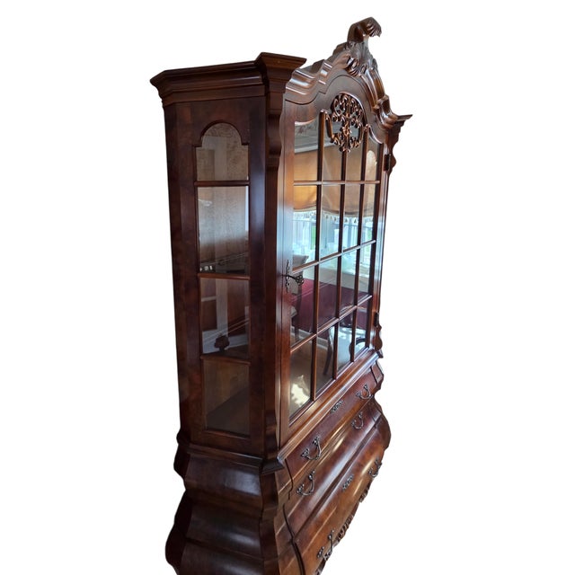 Wood Antique Burlwood Walnut Dutch Bombe Display China Cabinet Hutch Curio Baroque For Sale - Image 7 of 17
