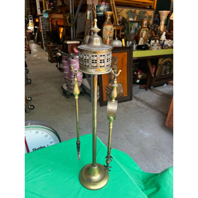Vintage Brass Fireplace Tools and Holder For Sale - Image 4 of 12