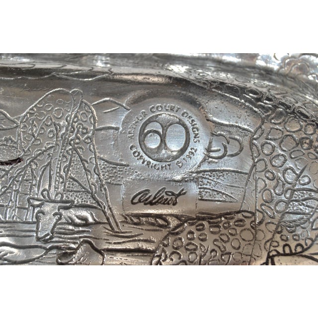 1990s Safari Giraffe Arthur Court Cast Aluminum Repousse Rectangle Serving Platter Tray For Sale - Image 11 of 12