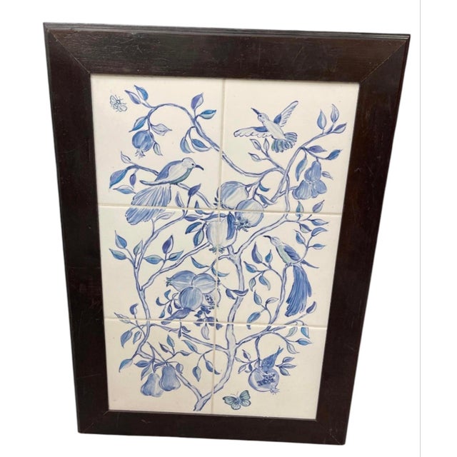 Vintage Blue & White Ceramic Tile Wall Panel - Chinoiserie Botanical & Bird Motif For Sale In West Palm - Image 6 of 12