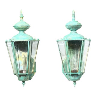 : Pair of Vintage Solid Brass Outdoor Wall Lanterns / 16” High For Sale