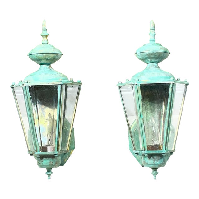 : Pair of Vintage Solid Brass Outdoor Wall Lanterns / 16” High For Sale