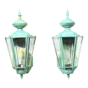 : Pair of Vintage Solid Brass Outdoor Wall Lanterns / 16” High
