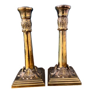 English Antique Brass Candlesticks With Ivy Relief Bases, Circa 1900 For Sale