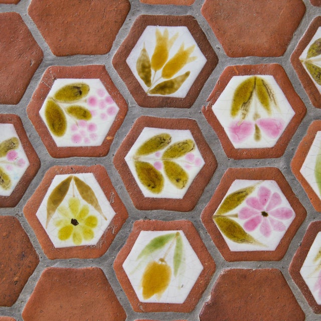 Terra Cotta French Hexagonal Floral Ceramic Tile Coffee Table by Roger Capron No. 02, 1950s For Sale - Image 8 of 11