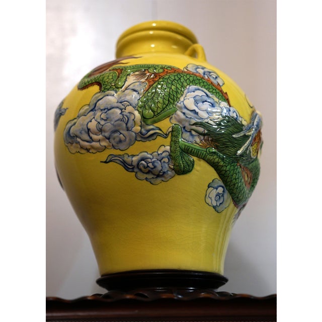 1990s Dragon in Flight through Clouds on Large Yellow Jar For Sale - Image 4 of 10