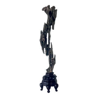 Chinese Scholar Stone Tall Slender Lingbi Rock on Display Stand For Sale
