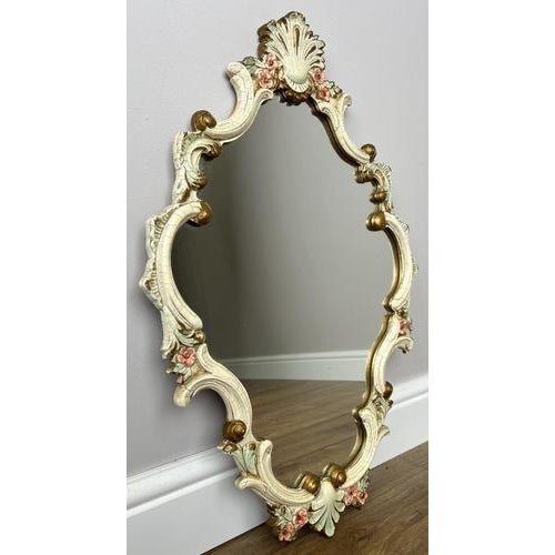 A delightful Vintage French shabby chic mirror , beautifully styled with an ornate decorative frame featuring soft pastel...
