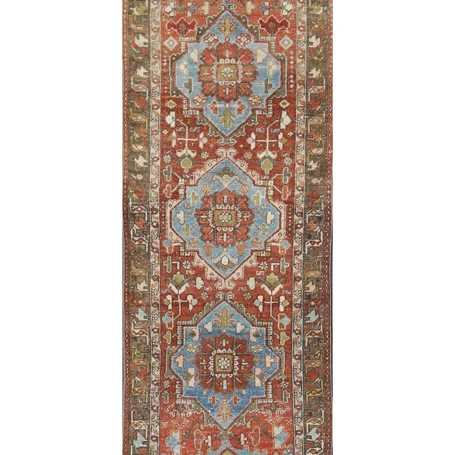 Tribal Antique Persian Heriz Runner With Geometric Medallion Design in Red, Olive, Blue 3'2"x11'7" For Sale - Image 3 of 11
