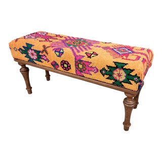 Turkish Rug Upholstered Narrow Bench For Sale