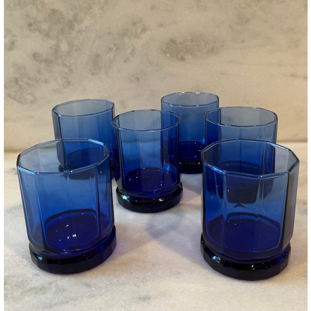 Contemporary 1990s Set of 6 Vintage Anchor Hocking Essex Cobalt Blue Lowball Glasses For Sale - Image 3 of 12