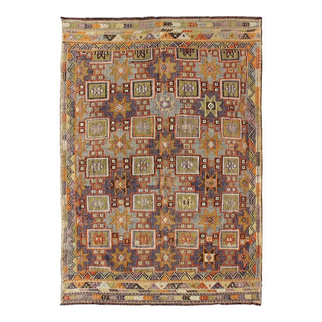 Mid 20th Century Grayish Blue Background Geometric Turkish Vintage Kilim Mid-Century Rug For Sale