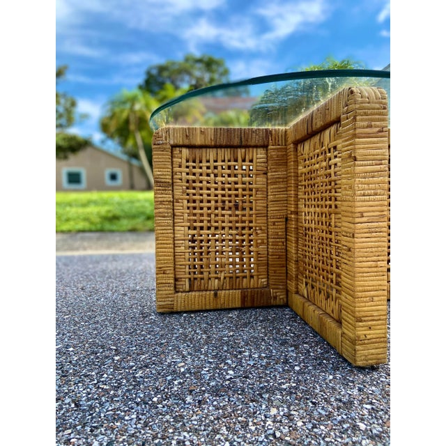 Wood Boho Petite Side Table or Coffee Table | Interlocking Rattan Block Base With Glass Top For Sale - Image 7 of 12