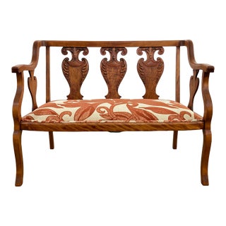 Vintage Edwardian Style Carved Wood Bench With Upholstered Seat For Sale