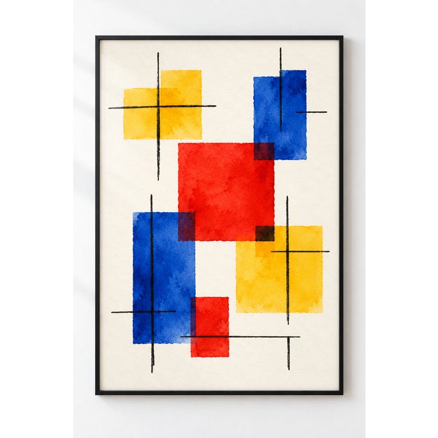 Bold red, blue and yellow shapes intersect with expressive black lines in this midcentury modern art print. Overlapping...