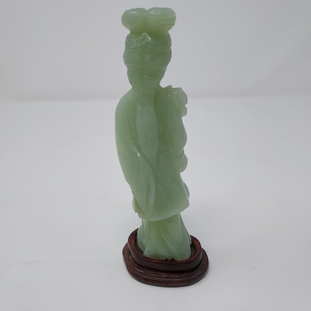 Late 20th Century Chinese Carved Jade Goddess Figure Holding a Lotus Flower on Wood Base 6" Tall For Sale - Image 4 of 10