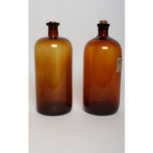 Art Deco Set of Two Vintage Amber Glass Apothecary Bottles by Owens-Illinois Glass Co. For Sale - Image 3 of 18