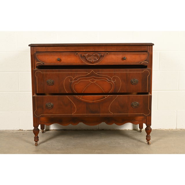 1930s Berkey & Gay Style Antique Art Deco Carved Walnut Three-Drawer Dresser or Chest of Drawers, Circa 1930s For Sale - Image 5 of 15