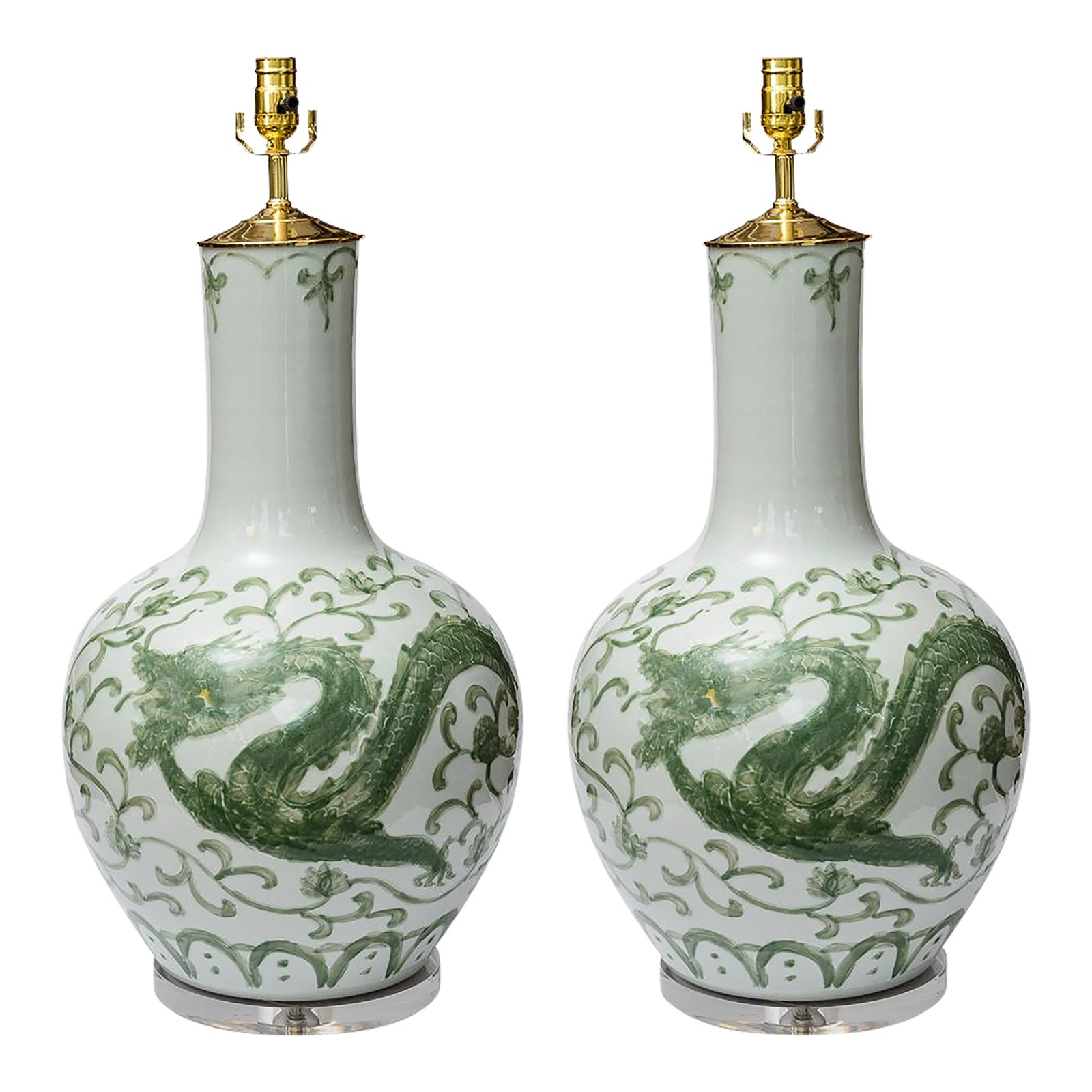 Large Chinese Glazed Porcelain Bulbous Dragon Table Lamps, a - Pair ...