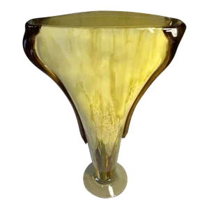 20 Inch Tall Yellow Amber Art Glass Pedestal Vase With Slender Narrow Profile