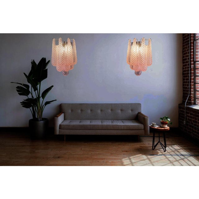 Fantastic pair of vintage Murano wall sconce made by 10 pink glass petals (transparent crystal, smooth outside, with...