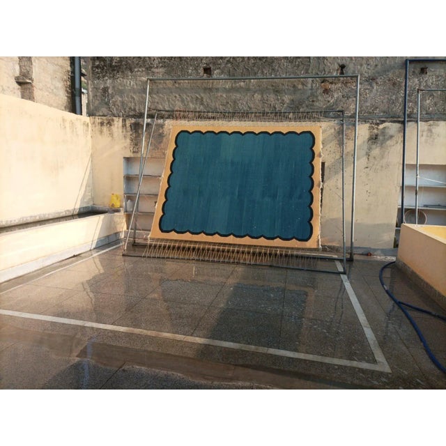 Handmade Cotton Scalloped Edge Rug, Teal Blue, Black and Cream Bordered Dhurrie- 12'x15' For Sale - Image 12 of 13