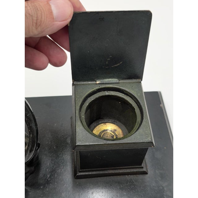 19th C Victorian Cast Iron Lion Double Inkwell Desk Set Antique Black Japanned. For Sale In Houston - Image 6 of 18